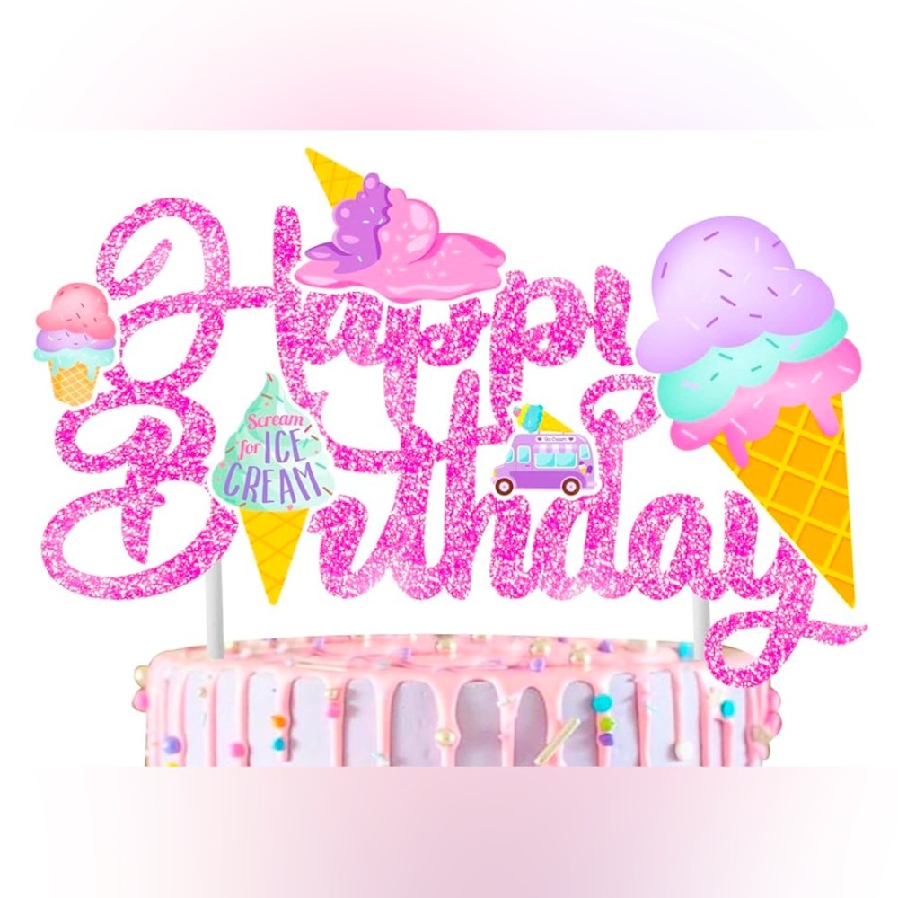 Pink Glitter Happy Birthday Cake Topper